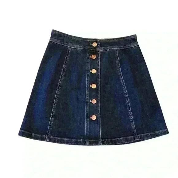 Madewell Stretch Denim Button Front A Line Mini Skirt Size 10 Retro Dark Wash - Picture 2 of 6